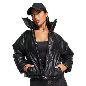 Topshop Faux Leather Cropped Puffer Jacket In Black